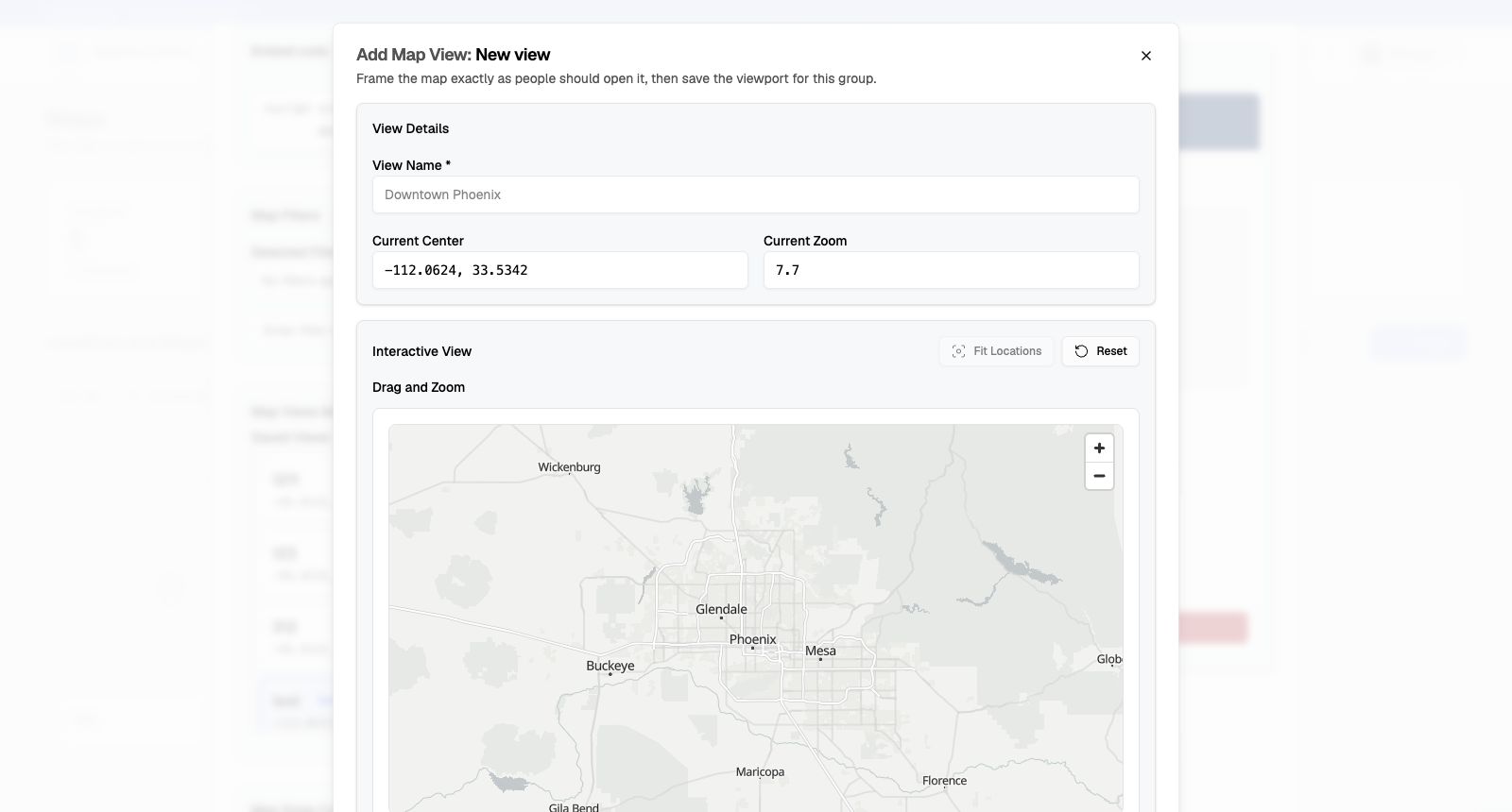 Interactive Map View editor centered on Phoenix