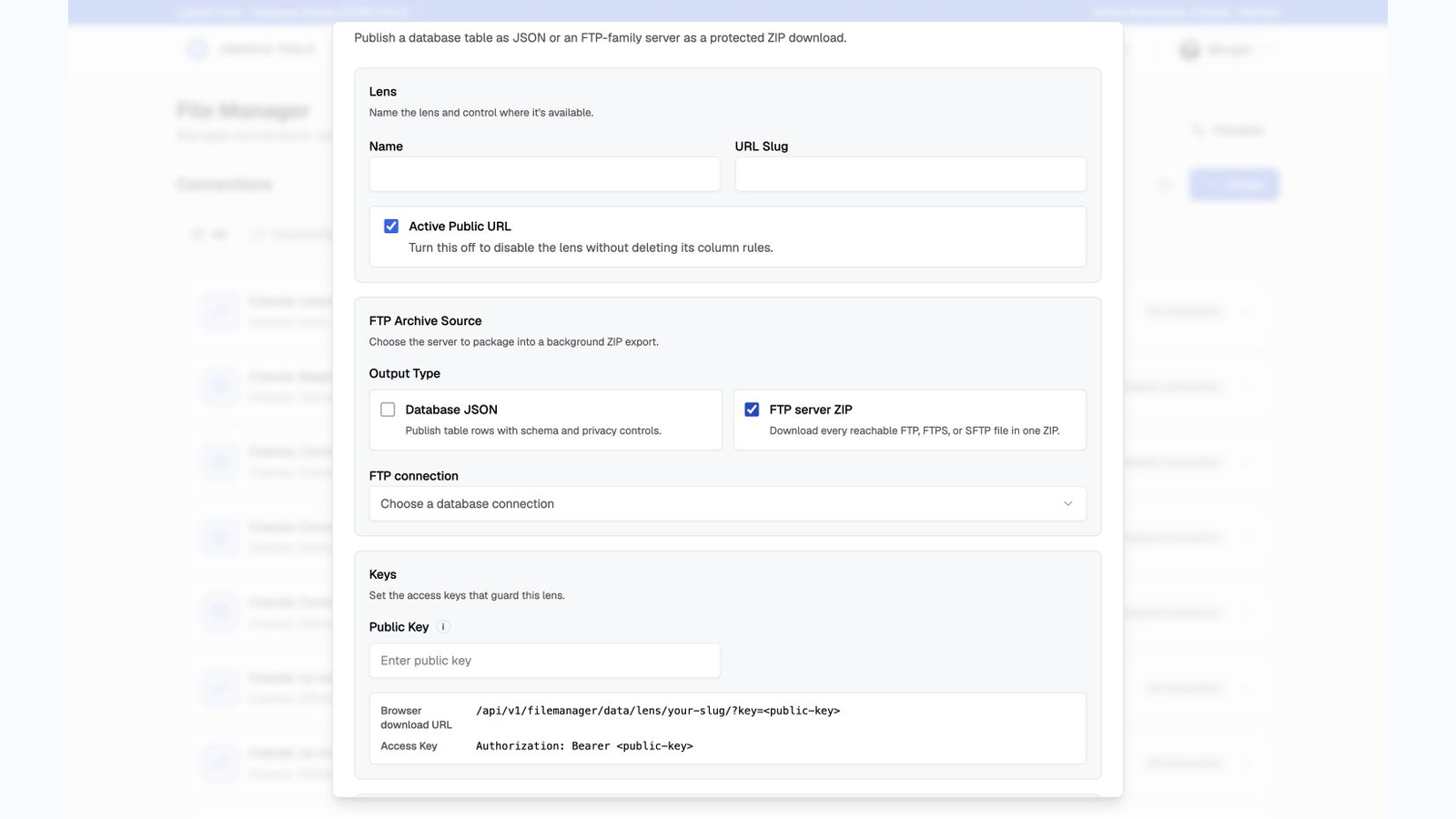 Data Lens editor with FTP server ZIP selected