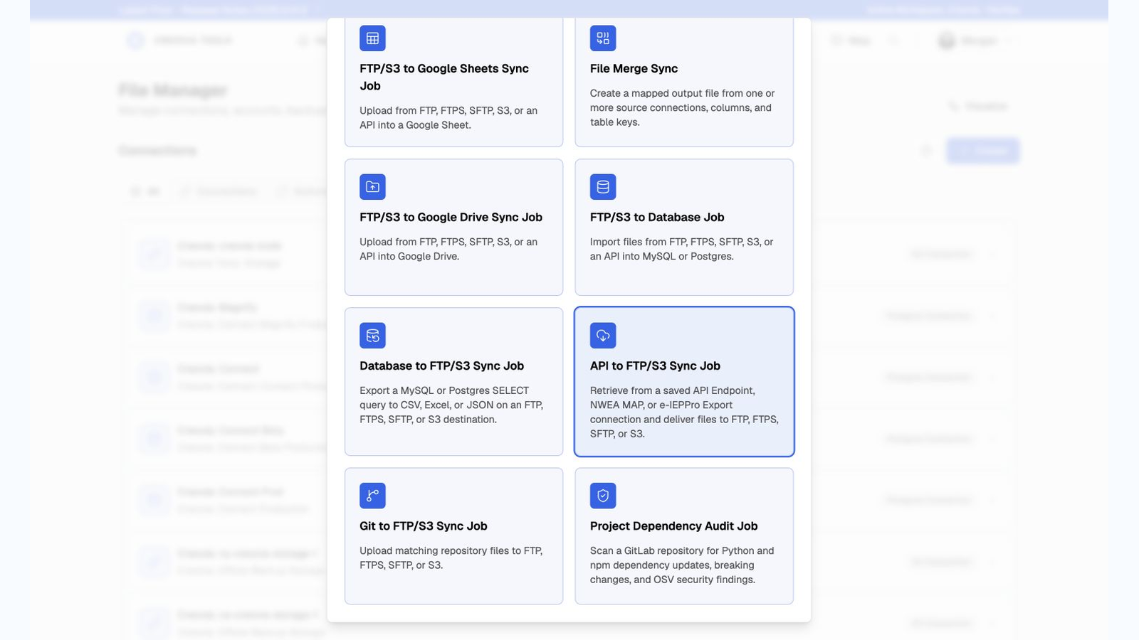File Manager workflow picker highlighting API to FTP/S3 Sync Job
