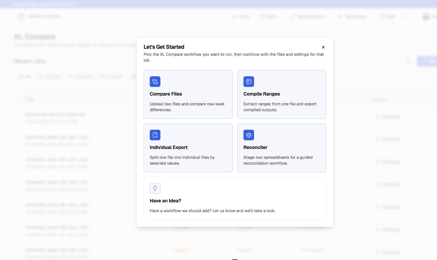 XL Compare workflow picker with Reconciler