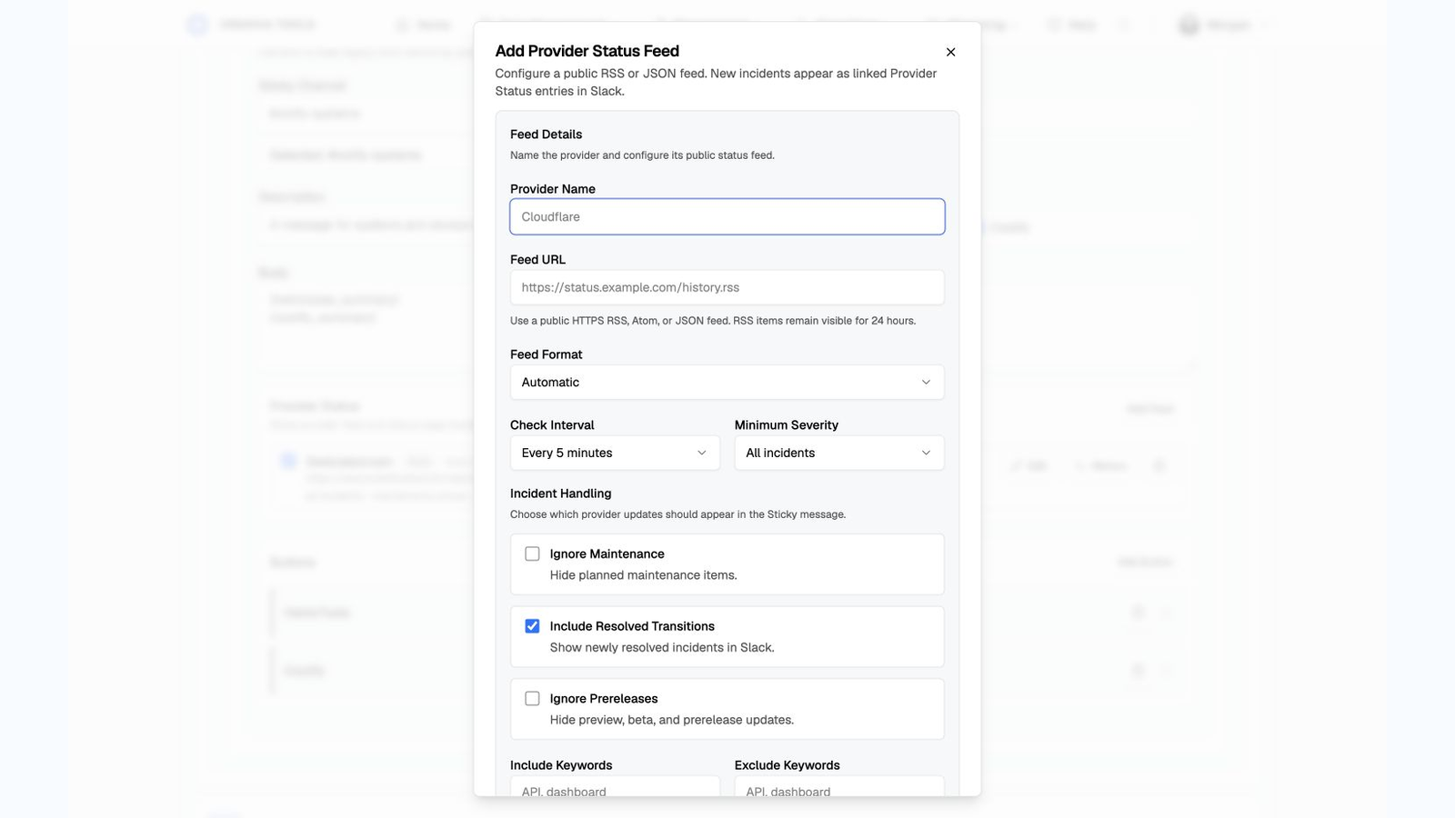 Bot Provider Status feed settings