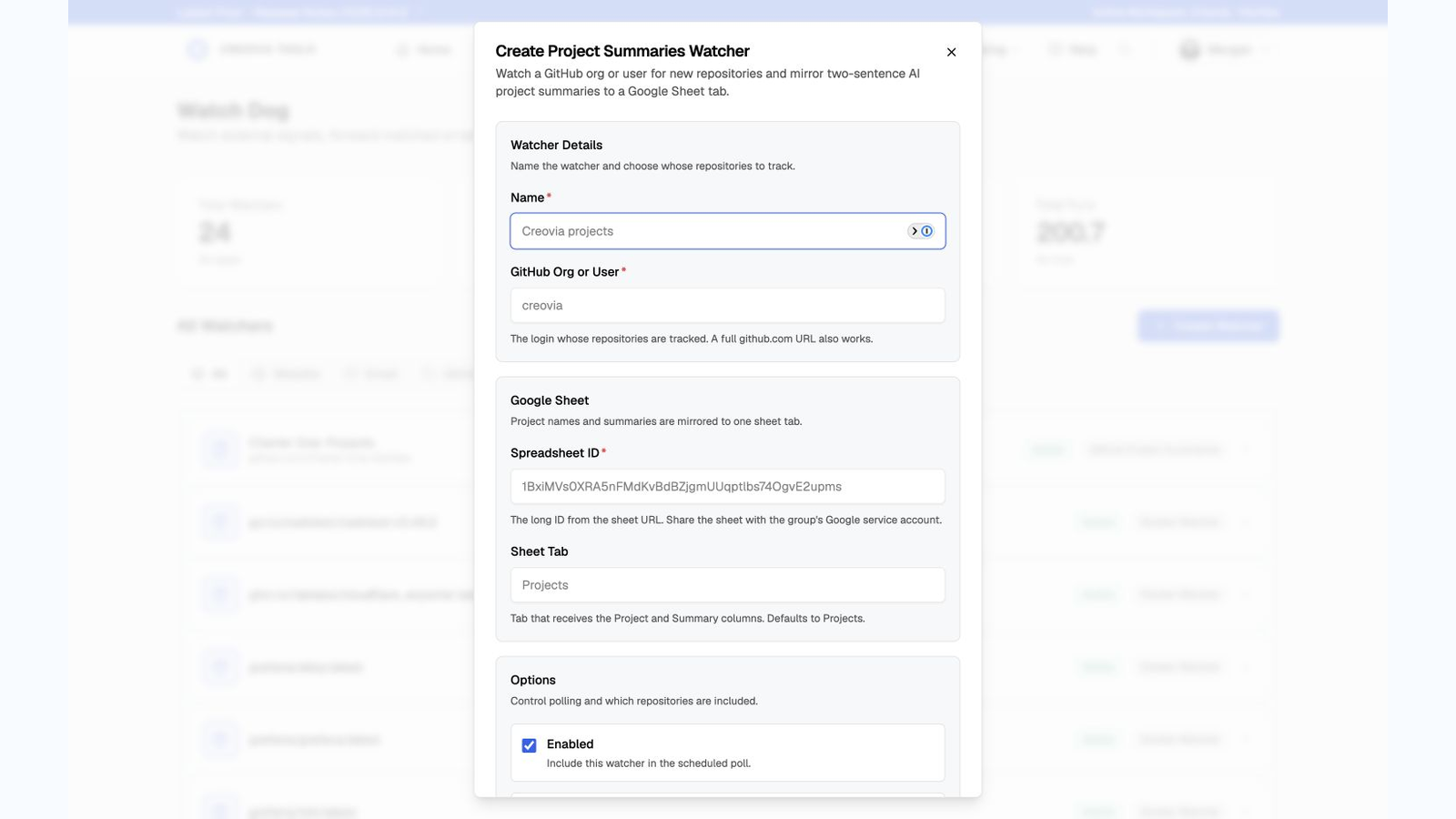 Watch Dog Project Summaries watcher setup