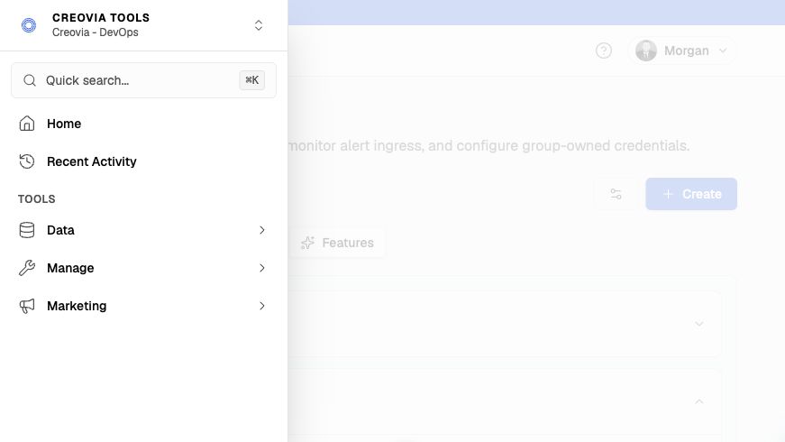 Mobile Tools Drawer with search and grouped navigation